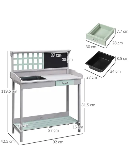 HOMCOM Garden Potting Table with Sink, Blackboard and Drawer, Wooden Planting Work Bench Workstation Outdoor Tool Storage Shelve