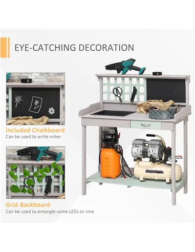 HOMCOM Garden Potting Table with Sink, Blackboard and Drawer, Wooden Planting Work Bench Workstation Outdoor Tool Storage Shelve