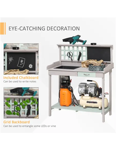 HOMCOM Garden Potting Table with Sink, Blackboard and Drawer, Wooden Planting Work Bench Workstation Outdoor Tool Storage Shelve