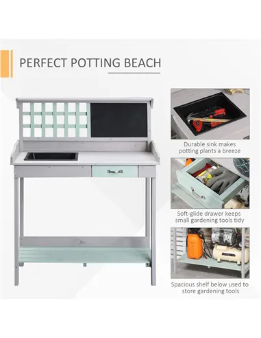 HOMCOM Garden Potting Table with Sink, Blackboard and Drawer, Wooden Planting Work Bench Workstation Outdoor Tool Storage Shelve