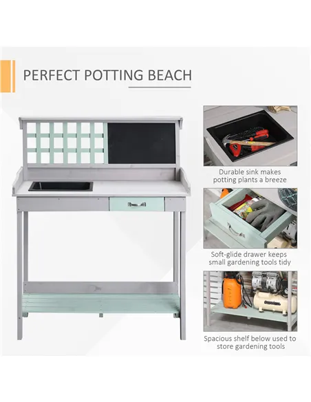 HOMCOM Garden Potting Table with Sink, Blackboard and Drawer, Wooden Planting Work Bench Workstation Outdoor Tool Storage Shelve