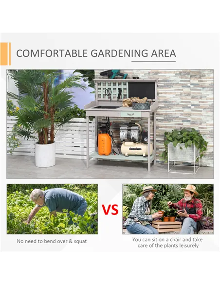 HOMCOM Garden Potting Table with Sink, Blackboard and Drawer, Wooden Planting Work Bench Workstation Outdoor Tool Storage Shelve