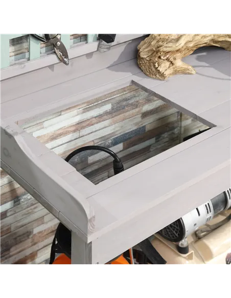 HOMCOM Garden Potting Table with Sink, Blackboard and Drawer, Wooden Planting Work Bench Workstation Outdoor Tool Storage Shelve