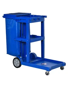 HOMCOM Janitor Cleaning Trolley, with Bin, Shelves and Hooks - Blue