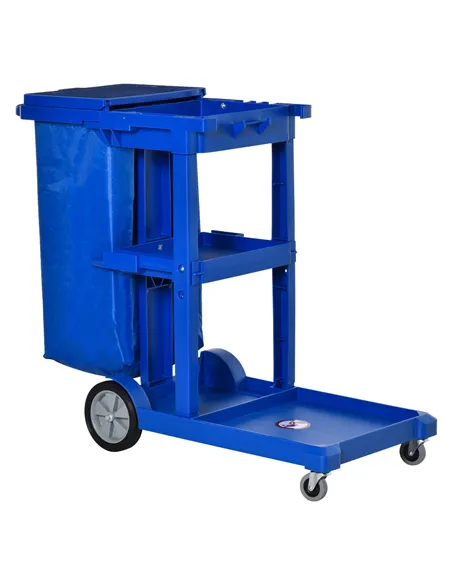 HOMCOM Janitor Cleaning Trolley, with Bin, Shelves and Hooks - Blue