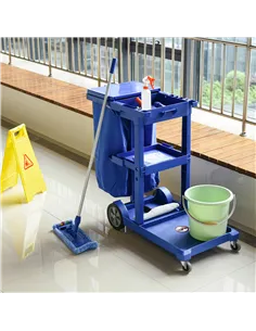 HOMCOM Janitor Cleaning Trolley, with Bin, Shelves and Hooks - Blue 2
