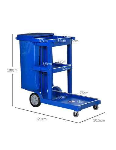 HOMCOM Janitor Cleaning Trolley, with Bin, Shelves and Hooks - Blue