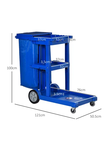 HOMCOM Janitor Cleaning Trolley, with Bin, Shelves and Hooks - Blue