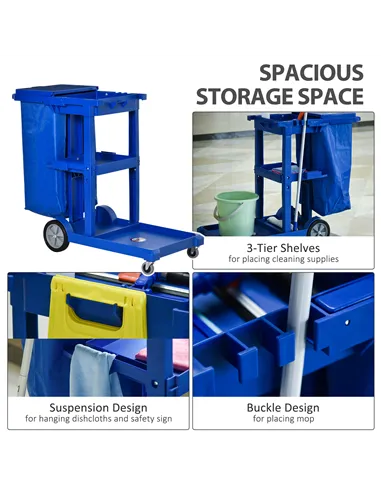 HOMCOM Janitor Cleaning Trolley, with Bin, Shelves and Hooks - Blue