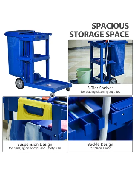 HOMCOM Janitor Cleaning Trolley, with Bin, Shelves and Hooks - Blue
