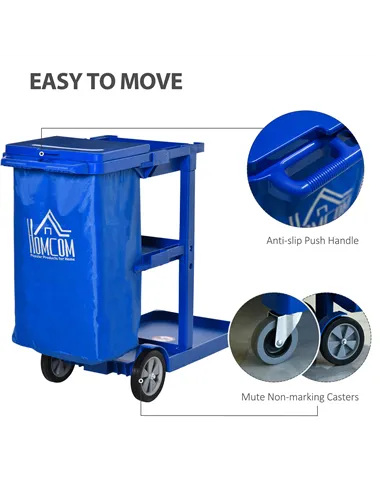 HOMCOM Janitor Cleaning Trolley, with Bin, Shelves and Hooks - Blue