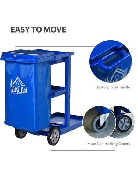 HOMCOM Janitor Cleaning Trolley, with Bin, Shelves and Hooks - Blue