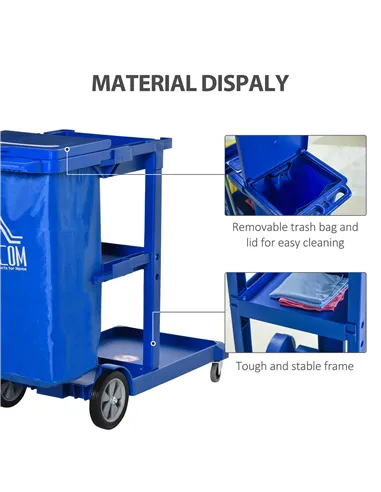 HOMCOM Janitor Cleaning Trolley, with Bin, Shelves and Hooks - Blue