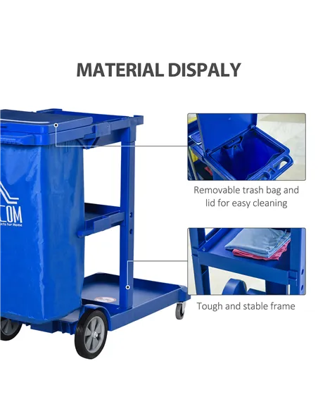 HOMCOM Janitor Cleaning Trolley, with Bin, Shelves and Hooks - Blue