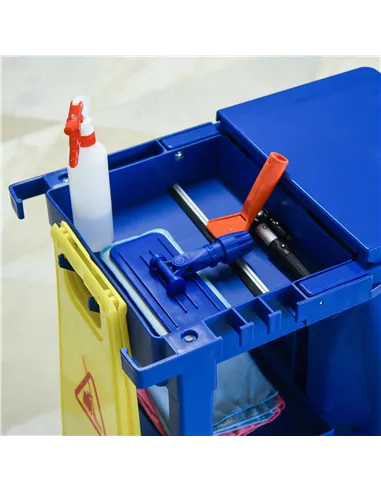 HOMCOM Janitor Cleaning Trolley, with Bin, Shelves and Hooks - Blue