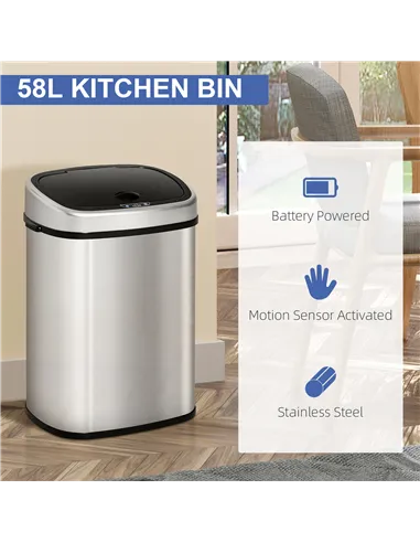 HOMCOM Stainless Steel Kitchen Sensor Dustbin Automatic Touchless Rubbish Garbage Waste Bin 58L Silver