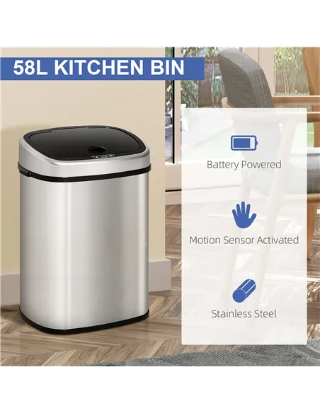 HOMCOM Stainless Steel Kitchen Sensor Dustbin Automatic Touchless Rubbish Garbage Waste Bin 58L Silver