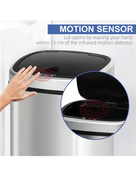 HOMCOM Stainless Steel Kitchen Sensor Dustbin Automatic Touchless Rubbish Garbage Waste Bin 58L Silver