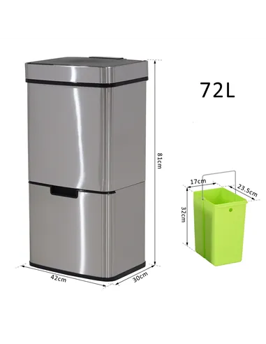 HOMCOM 72L Recycling Sensor Bin Stainless Steel 3 Compartments For Both Wet/Dry Waste w/Removable Lid  Kitchen Home