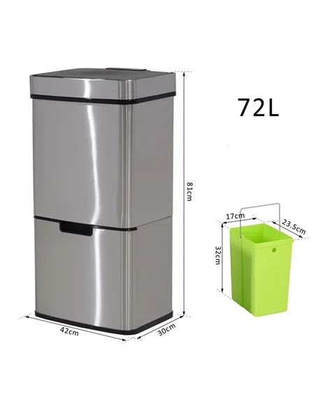 HOMCOM 72L Recycling Sensor Bin Stainless Steel 3 Compartments For Both Wet/Dry Waste w/Removable Lid  Kitchen Home