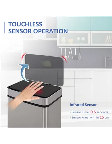 HOMCOM 72L Recycling Sensor Bin Stainless Steel 3 Compartments For Both Wet/Dry Waste w/Removable Lid  Kitchen Home