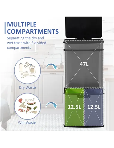 HOMCOM 72L Recycling Sensor Bin Stainless Steel 3 Compartments For Both Wet/Dry Waste w/Removable Lid  Kitchen Home