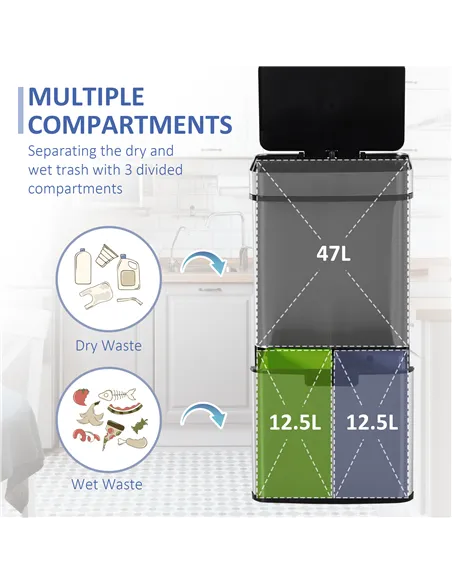 HOMCOM 72L Recycling Sensor Bin Stainless Steel 3 Compartments For Both Wet/Dry Waste w/Removable Lid  Kitchen Home