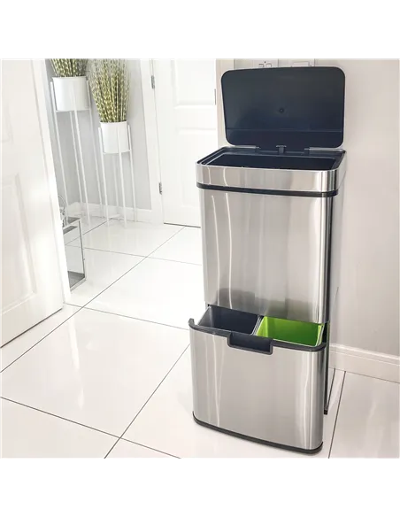 HOMCOM 72L Recycling Sensor Bin Stainless Steel 3 Compartments For Both Wet/Dry Waste w/Removable Lid  Kitchen Home