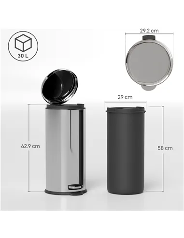 HOMCOM Foot Pedal Bin Stainless Steel Metal Waste Rubbish Lid Kitchen Garbage 30L Silver