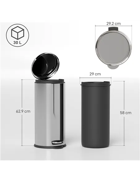 HOMCOM Foot Pedal Bin Stainless Steel Metal Waste Rubbish Lid Kitchen Garbage 30L Silver
