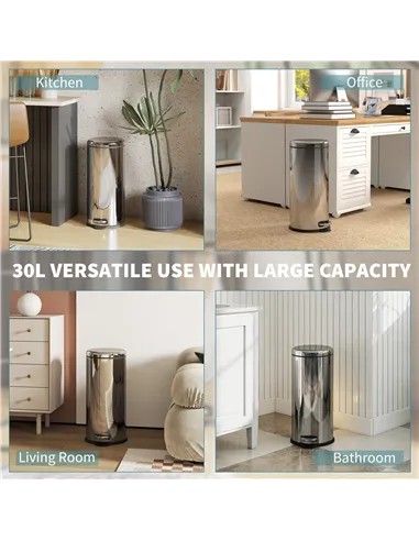 HOMCOM Foot Pedal Bin Stainless Steel Metal Waste Rubbish Lid Kitchen Garbage 30L Silver