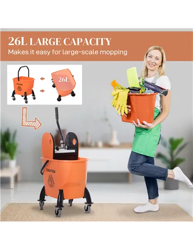 HOMCOM 25L Mop Bucket, with Wringer, Wheels and Handle - Orange