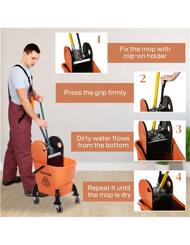 HOMCOM 25L Mop Bucket, with Wringer, Wheels and Handle - Orange