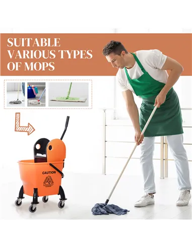 HOMCOM 25L Mop Bucket, with Wringer, Wheels and Handle - Orange