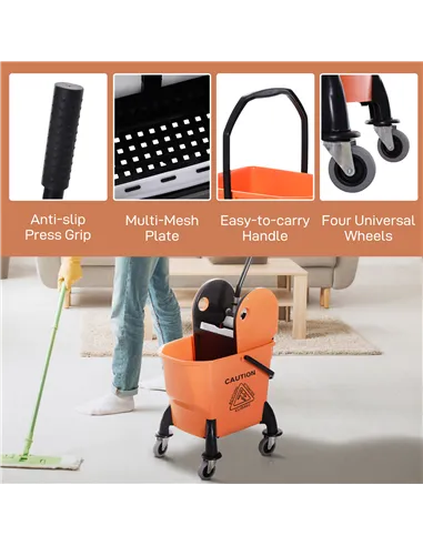 HOMCOM 25L Mop Bucket, with Wringer, Wheels and Handle - Orange