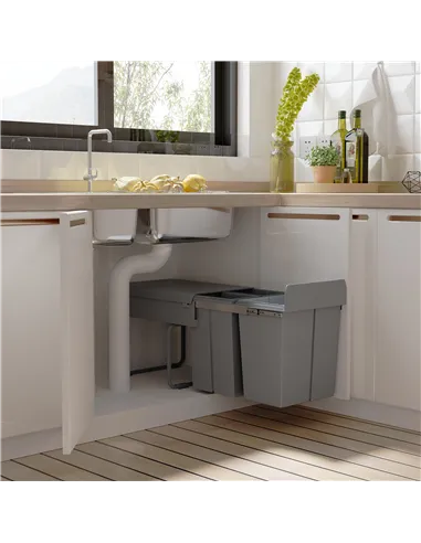 HOMCOM Kitchen Recycle Waste Bin Pull Out Soft Close Dustbin Recycling Cabinet Trash Can Grey (40L (1x20L+2x10L))