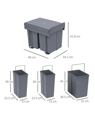 HOMCOM Kitchen Recycle Waste Bin Pull Out Soft Close Dustbin Recycling Cabinet Trash Can Grey (40L (1x20L+2x10L))