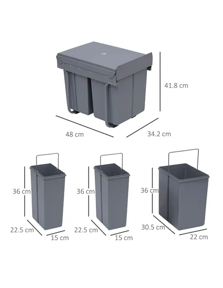HOMCOM Kitchen Recycle Waste Bin Pull Out Soft Close Dustbin Recycling Cabinet Trash Can Grey (40L (1x20L+2x10L))