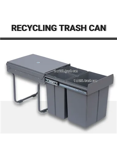 HOMCOM Kitchen Recycle Waste Bin Pull Out Soft Close Dustbin Recycling Cabinet Trash Can Grey (40L (1x20L+2x10L))