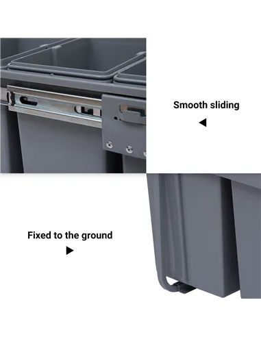 HOMCOM Kitchen Recycle Waste Bin Pull Out Soft Close Dustbin Recycling Cabinet Trash Can Grey (40L (1x20L+2x10L))