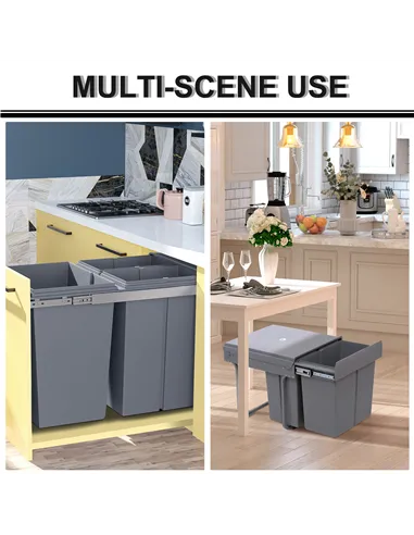 HOMCOM Kitchen Recycle Waste Bin Pull Out Soft Close Dustbin Recycling Cabinet Trash Can Grey (40L (1x20L+2x10L))
