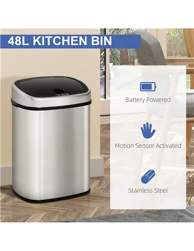 HOMCOM Stainless Steel Kitchen Sensor Dustbin Automatic Touchless Rubbish Garbage Waste Bin 48L Silver