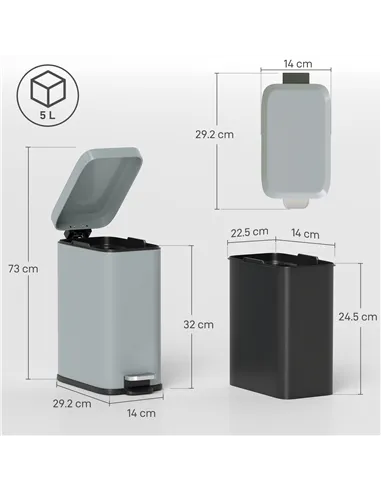 HOMCOM 5L Rectangular Compact Bin Steel Body Removable Bucket Quiet-Close Lid w/ Pedal Lid Rubbish Trash Can Home Office Bedroom