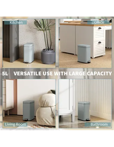 HOMCOM 5L Rectangular Compact Bin Steel Body Removable Bucket Quiet-Close Lid w/ Pedal Lid Rubbish Trash Can Home Office Bedroom