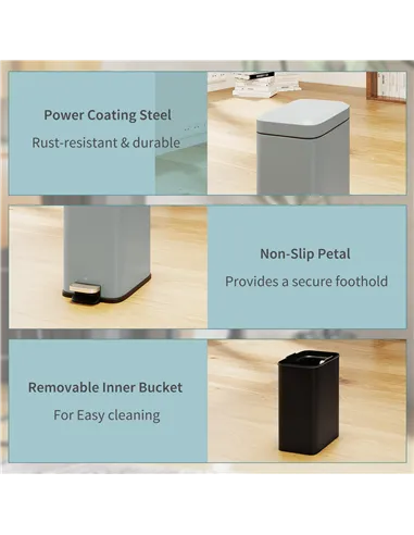 HOMCOM 5L Rectangular Compact Bin Steel Body Removable Bucket Quiet-Close Lid w/ Pedal Lid Rubbish Trash Can Home Office Bedroom