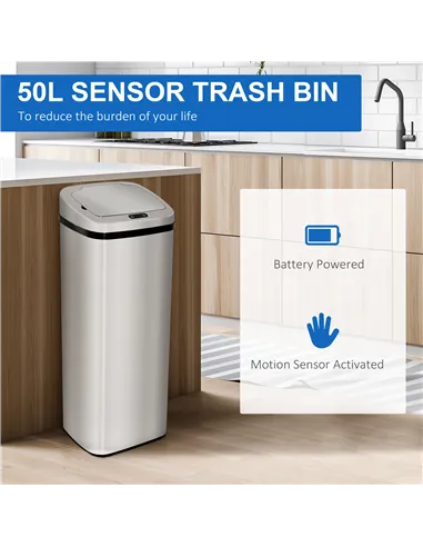 HOMCOM 50L Infrared Touchless Automatic Motion Sensor Dustbin Stainless Steel Trash Can Home Office