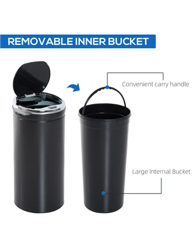 HOMCOM 42L Sensor Bin for Kitchen Waste Automatic Dustbin Motion Detection Dustbin  Stainless Steel Rubbish Can with Bucket, Bla