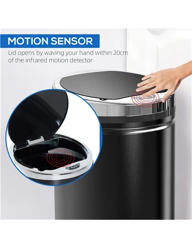 HOMCOM 42L Sensor Bin for Kitchen Waste Automatic Dustbin Motion Detection Dustbin  Stainless Steel Rubbish Can with Bucket, Bla
