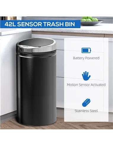 HOMCOM 42L Sensor Bin for Kitchen Waste Automatic Dustbin Motion Detection Dustbin  Stainless Steel Rubbish Can with Bucket, Bla