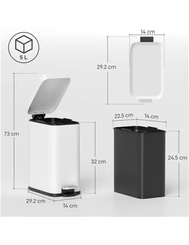 HOMCOM 5L Rectangular Compact Bin Steel Body Removable Bucket Quiet-Close Lid w/ Pedal Lid Rubbish Trash Can Home Office Bedroom